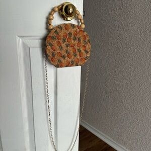 Tropical Charm! Round Cork Clutch, Wood Bead Handle & Gold Chain Strap